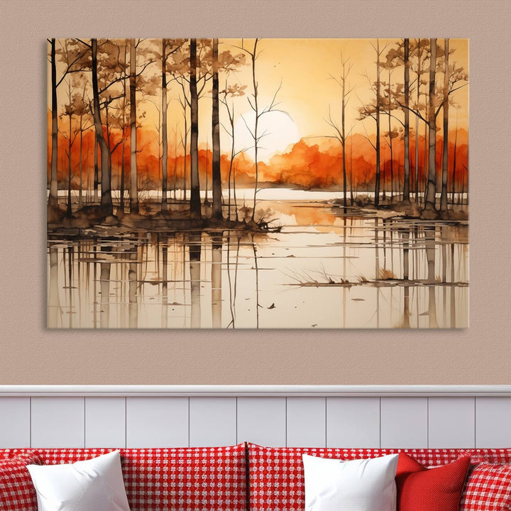 An Abstract Watercolor Trees and Sunset on Lake Wall Art Canvas Print, created on museum-quality canvas.