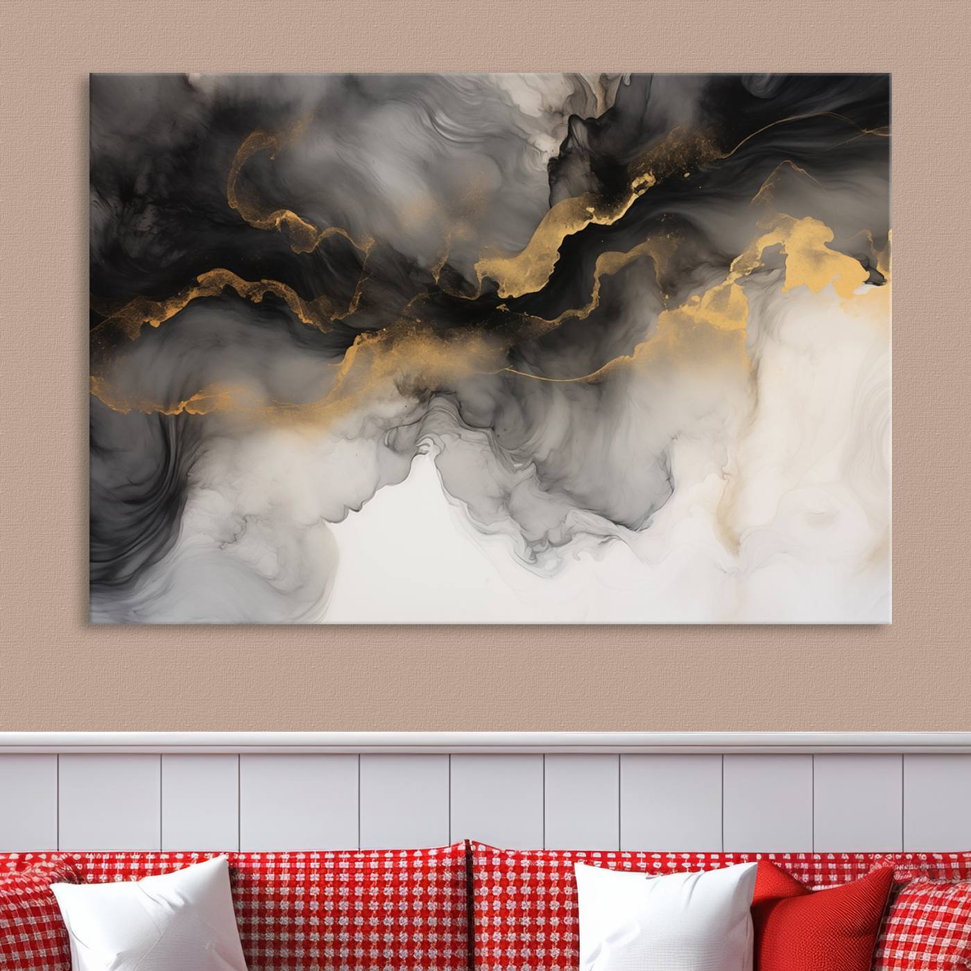 Brown Smoke Art Canvas Print for Living Room Home Decor graces a dark wall.