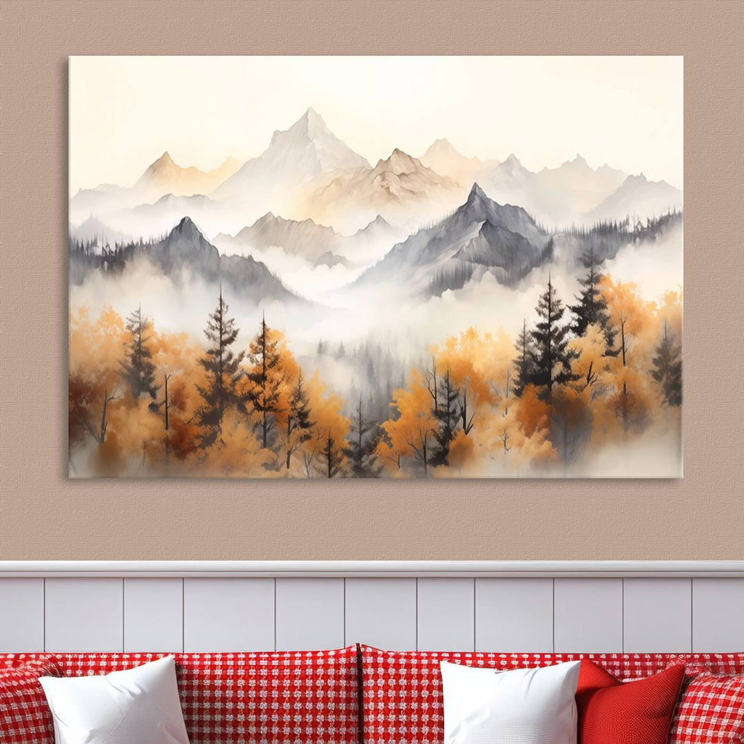 Art mural abstrait aquarelle montagnes et arbres automne