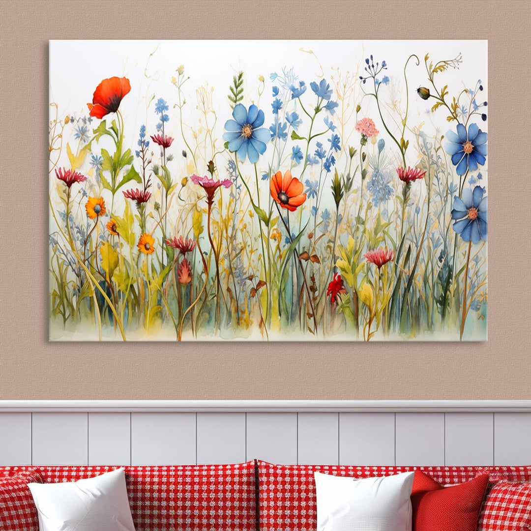 The Colorful Wildflower Canvas Wall Art – Vibrant Floral Botanical Print, consisting of a large 3 panel set, adds bright nature decor to the living room against a black wall.