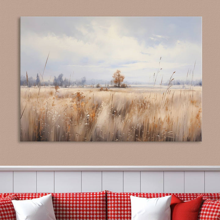 The modern living room features the Golden Fields Canvas Wall Art Print – Serene Landscape of Nature’s Tranquility in Minimalist for Farmhouse Decor, showcasing serene golden fields that enhance the calming ambiance.