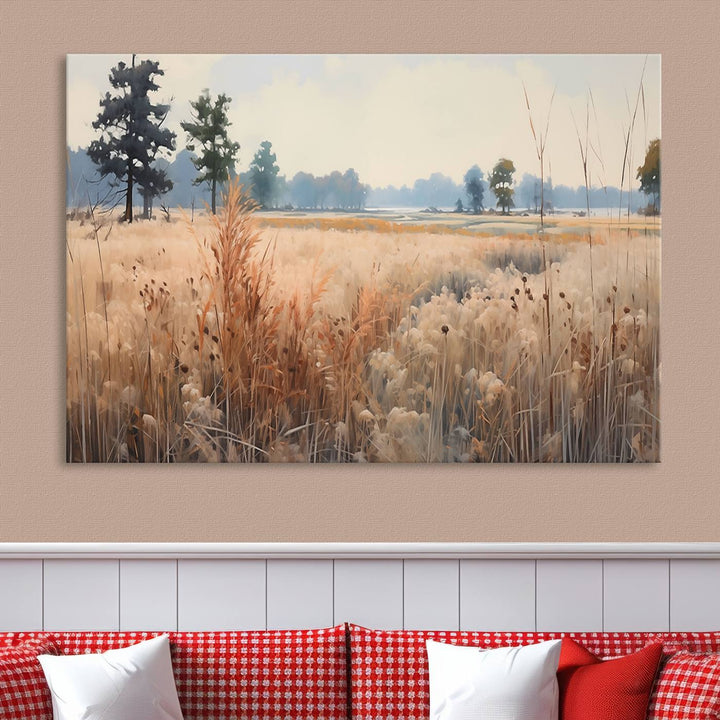 The Golden Fields Canvas Wall Art Print, a serene depiction of nature's tranquility in minimalist modern decor style, graces the wall with its calming presence.