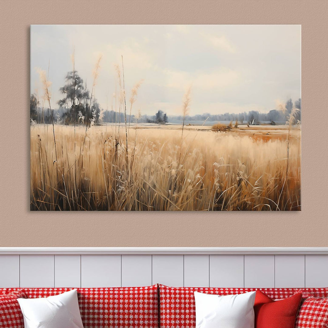 A Wildflower Field Landscape Oil Painting, showcasing a vintage art print of a serene field with tall grasses and distant trees, is beautifully presented on museum-quality canvases with gallery-wrapped edges.