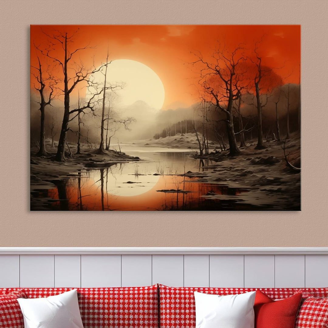 The "Abstract Watercolor Trees and Sunset on Lake Wall Art" is a triptych masterpiece, showcasing an orange-hued landscape of barren trees and a large sun. Displayed on museum-quality canvases with UV-protective coating, it creates a striking visual element in any space.