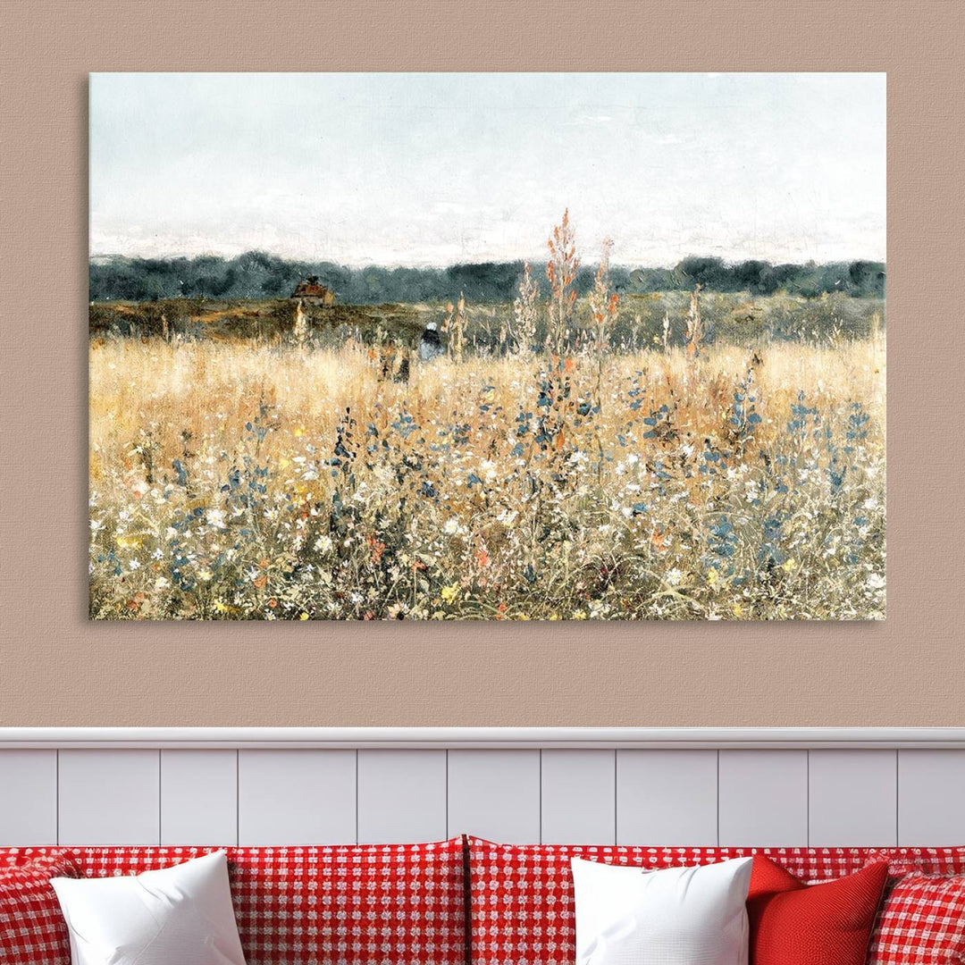 The "Wildflower Field Wall Art Canvas" brings rustic charm to the room with its nature-inspired landscape print, making it a perfect addition to the living room or office.