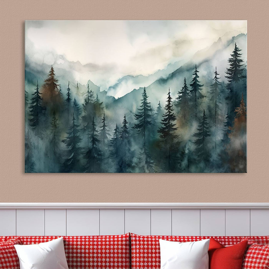 A set of Serenity Forest Wall Art Canvas prints, showcasing foggy mountain landscapes, is displayed in the living room.