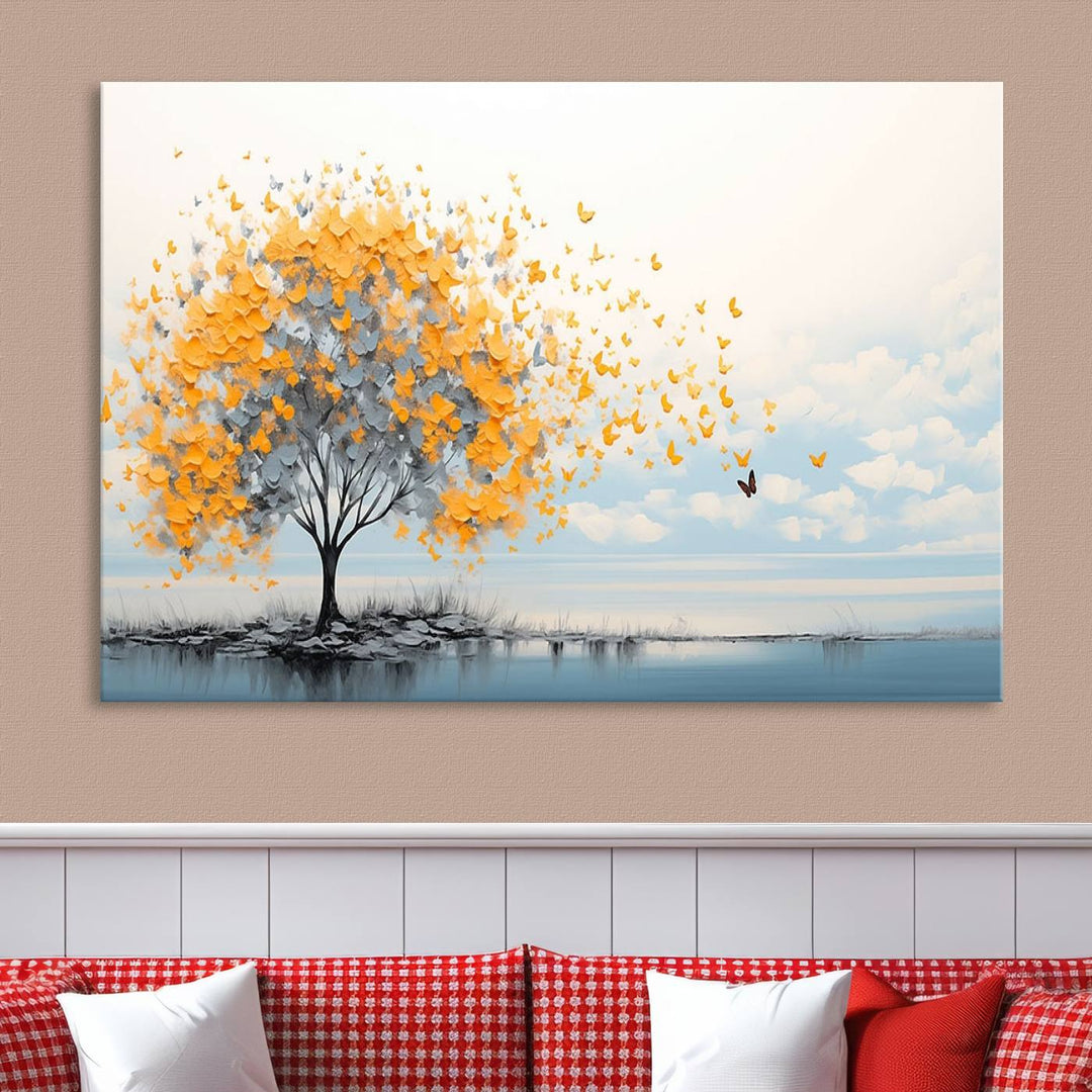 A Butterfly Tree Wall Art Canvas, featuring a modern tree adorned with yellow butterflies, decorates the wall.