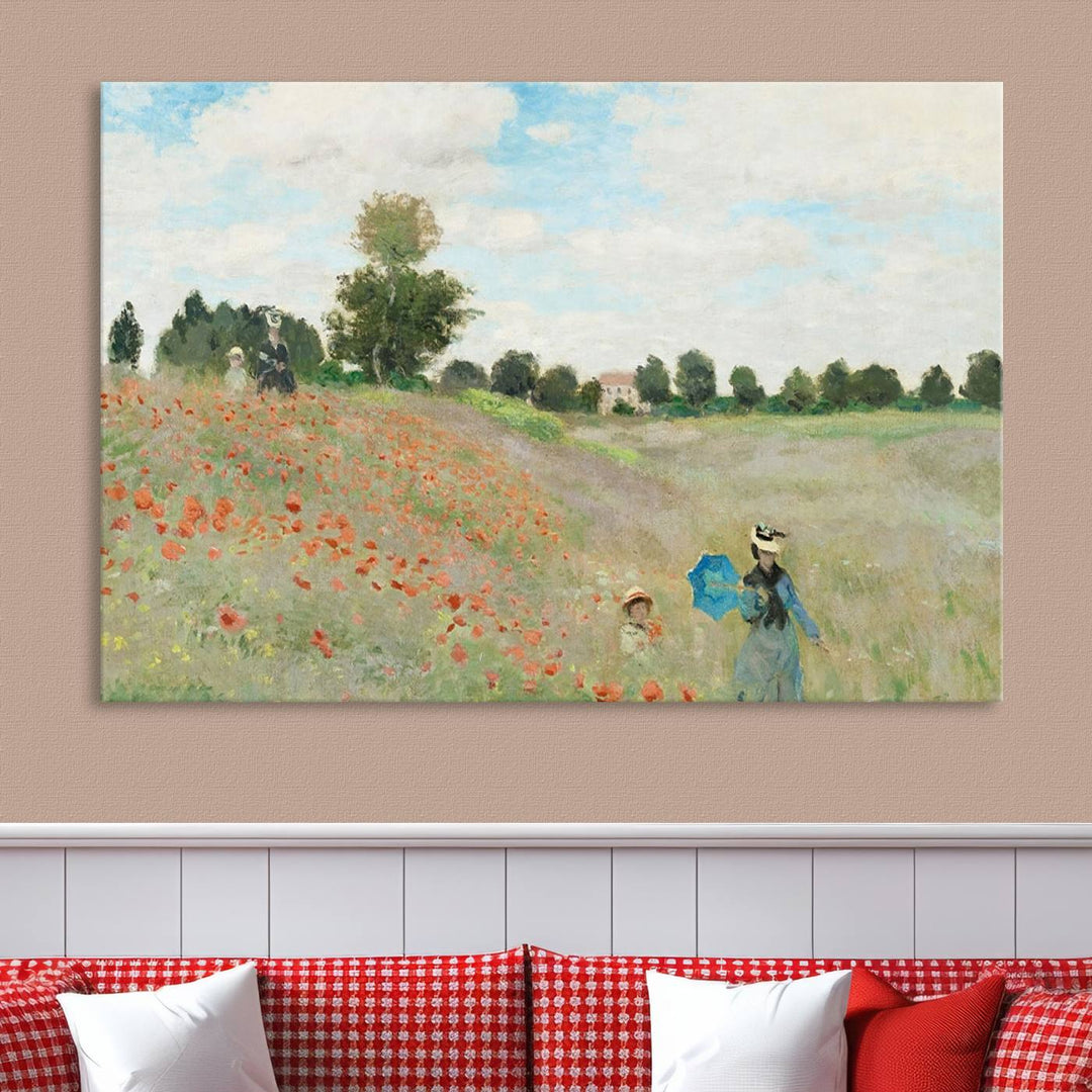 The Claude Monet The Poppy Field Canvas Print features a scene of a serene meadow with blooming flowers and a woman and child. It is printed on museum-quality canvas with UV-protective coating.