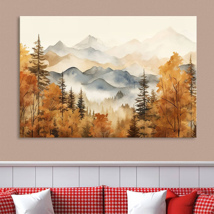 Abstract Mountain Mist Canvas Wall Art – Tranquil Autumn Forest and Misty Peaks - Ready to Hang