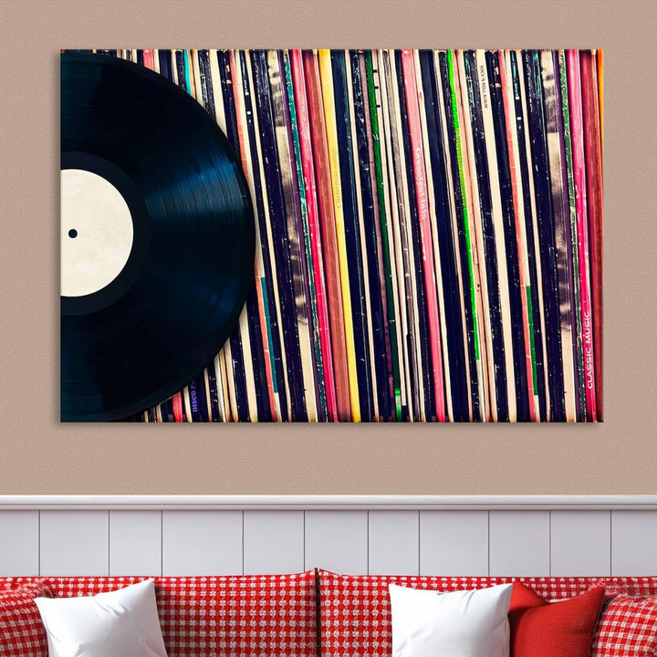 The room showcases the "Vinyl Record and Album Collection Canvas Wall Art," a perfect retro music decor piece for vintage vinyl lovers.