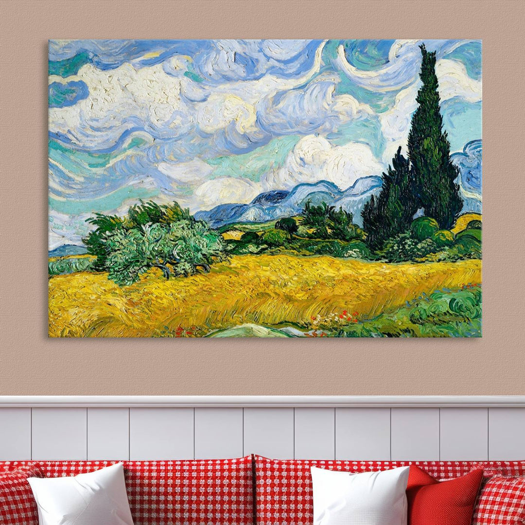 A contemporary living room features a large triptych of "Wheatfield With Cypresses By Van Gogh Painting Wall Art Canvas Print." Crafted on museum-quality canvas, this artwork brings a sense of elegance and craftsmanship reminiscent of professional artistry.