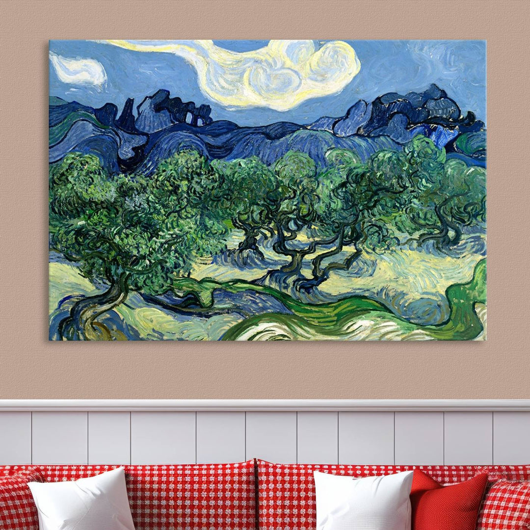 The Olive Trees Van Gogh Wall Art Canvas Print enhances the living room with its vivid landscape on museum-quality canvas, complete with a UV-protective coating.