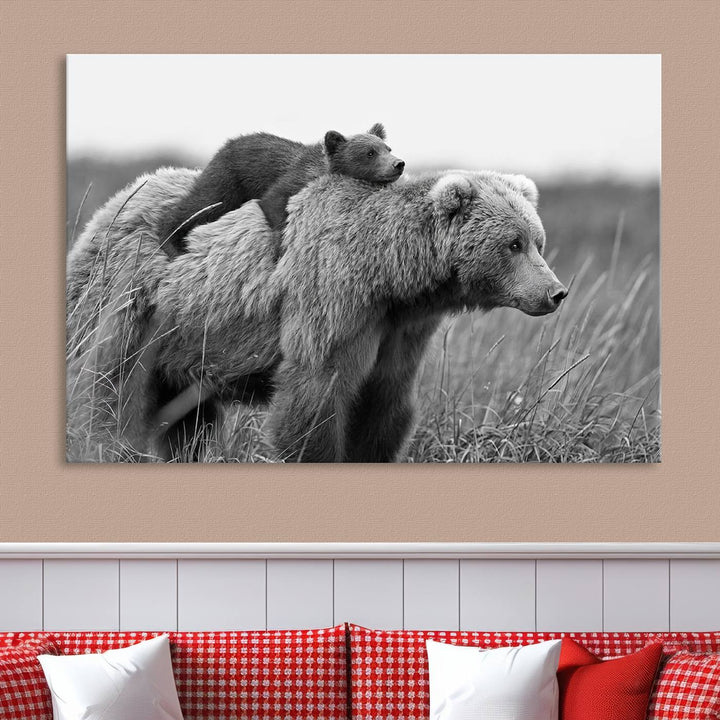 Baby Bear and Mom Bear Family Black & White Canvas Print Wall Art Canvas