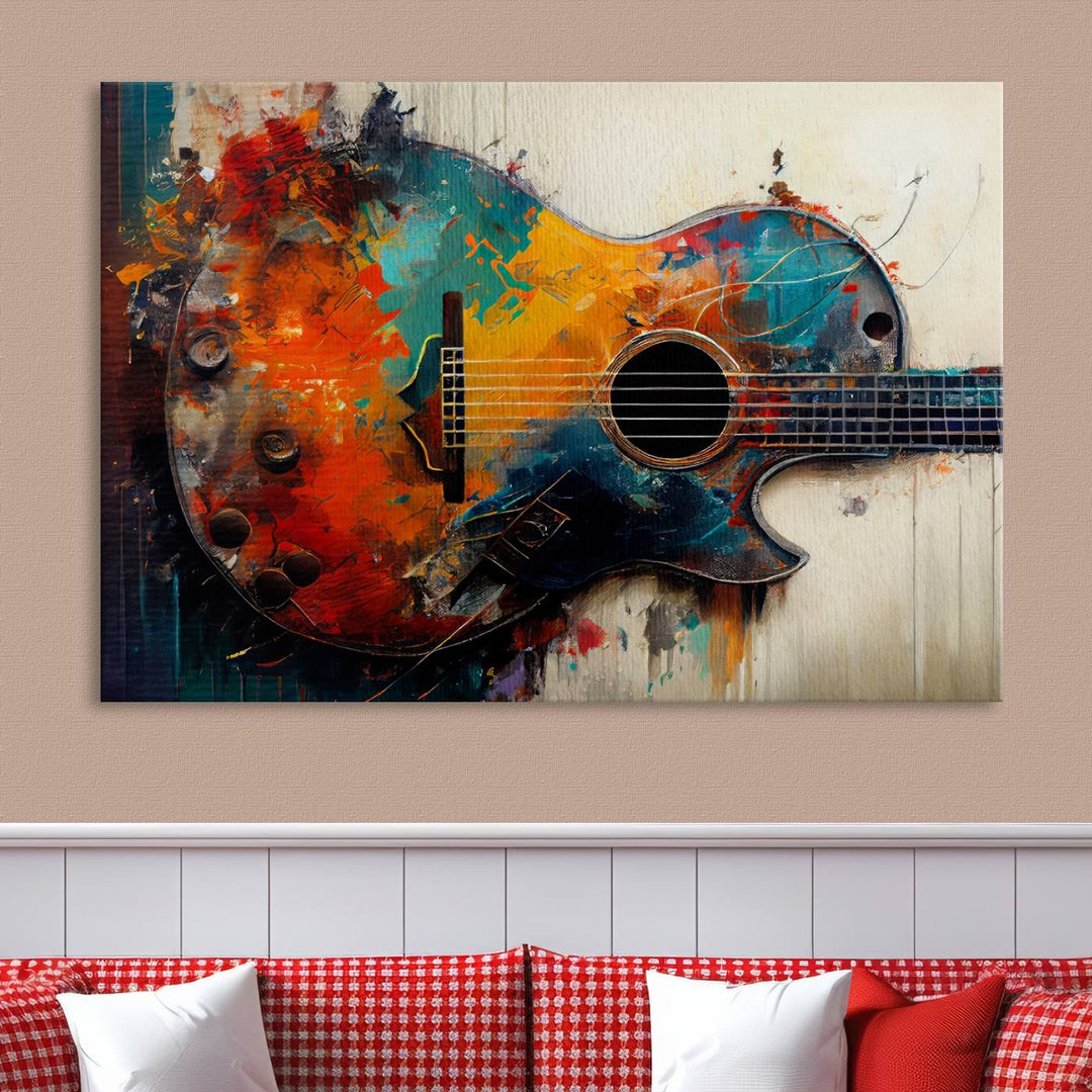 Abstract Guitar Wall Art Canvas | Vibrant Music-Inspired Art for Living Room or Studio | Colorful Music Decor Canvas Print