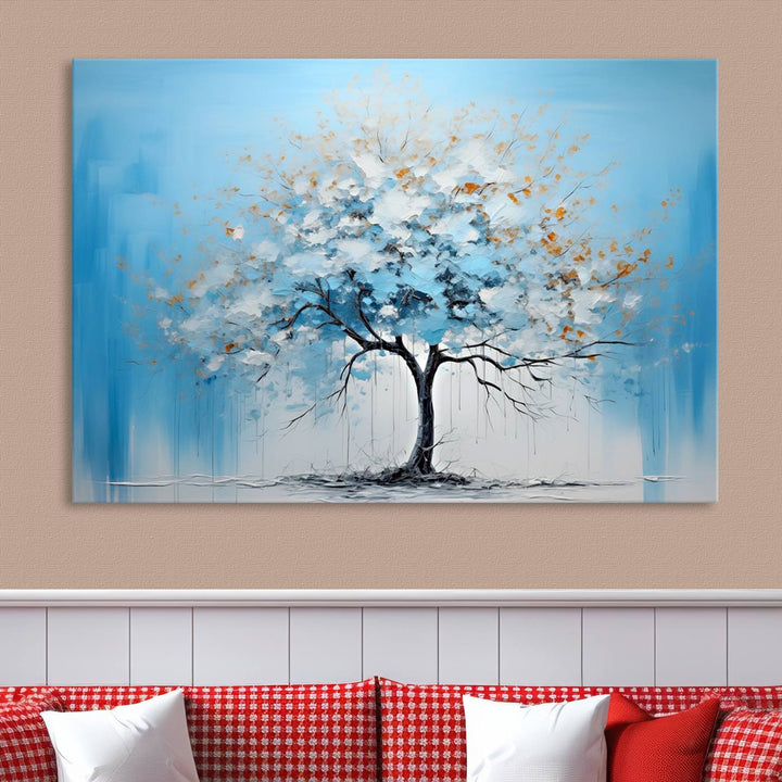 Modern living room featuring the Large Blue Abstract Tree Wall Art Canvas Printing. Enjoy the elegance with free shipping.