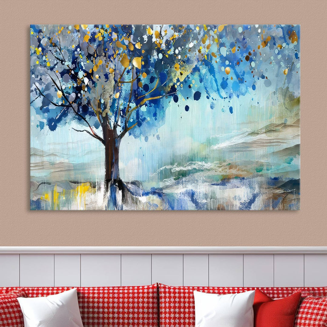 A modern living room features a three-panel Watercolor Style Abstract Tree Printing Wall Art Canvas in vibrant blue and yellow, crafted on museum-quality material.