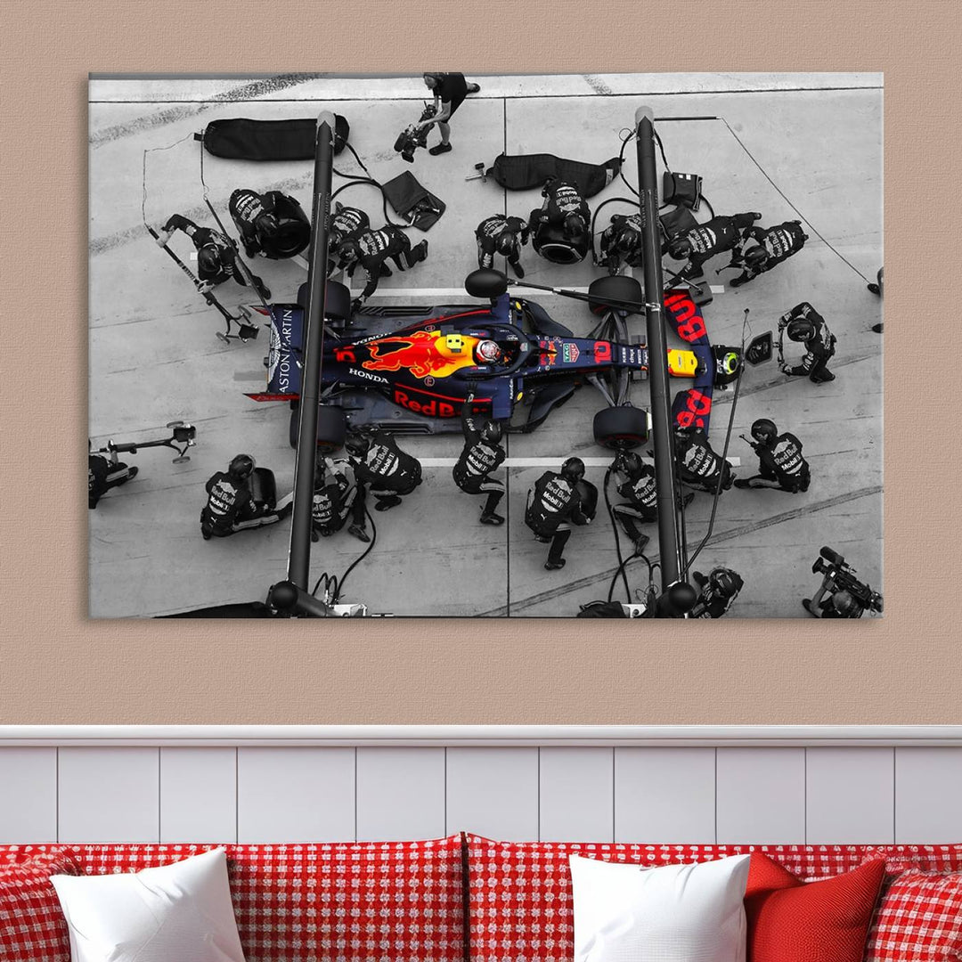 The RedBull Formula 1 Canvas Wall Art Print, a set of three gallery-quality pieces, elegantly adorns the wall.