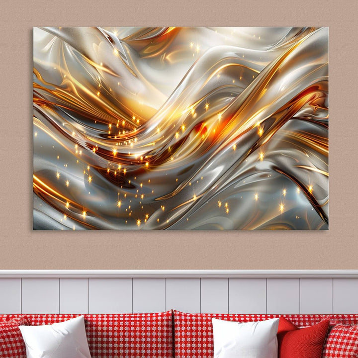 The Elegant Modern Gold Abstract Wall Art - Premium Framed Canvas Print for Home & Office Decor showcases a captivating triptych with swirling metallic designs and golden sparkles, perfectly enhancing contemporary interiors.