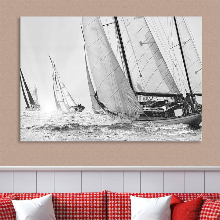 Impresión de velero Yacht Regatta lienzo pared arte Yate decoración de la pared Seascape Art Sailing Ship Negro Blanco extra grande arte de la pared Sailing Regatta