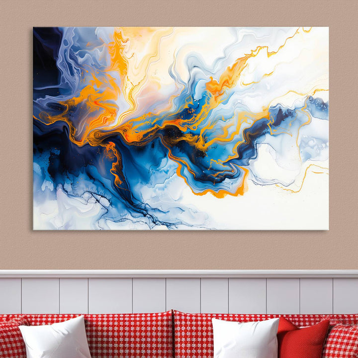 A stunning Fluid Alcohol Ink Wall Art with Gold Wall Art Canvas Print, featuring vibrant blue, orange, and white swirls, adorns the wall. This gallery-quality finish adds an exquisite touch to any living space.