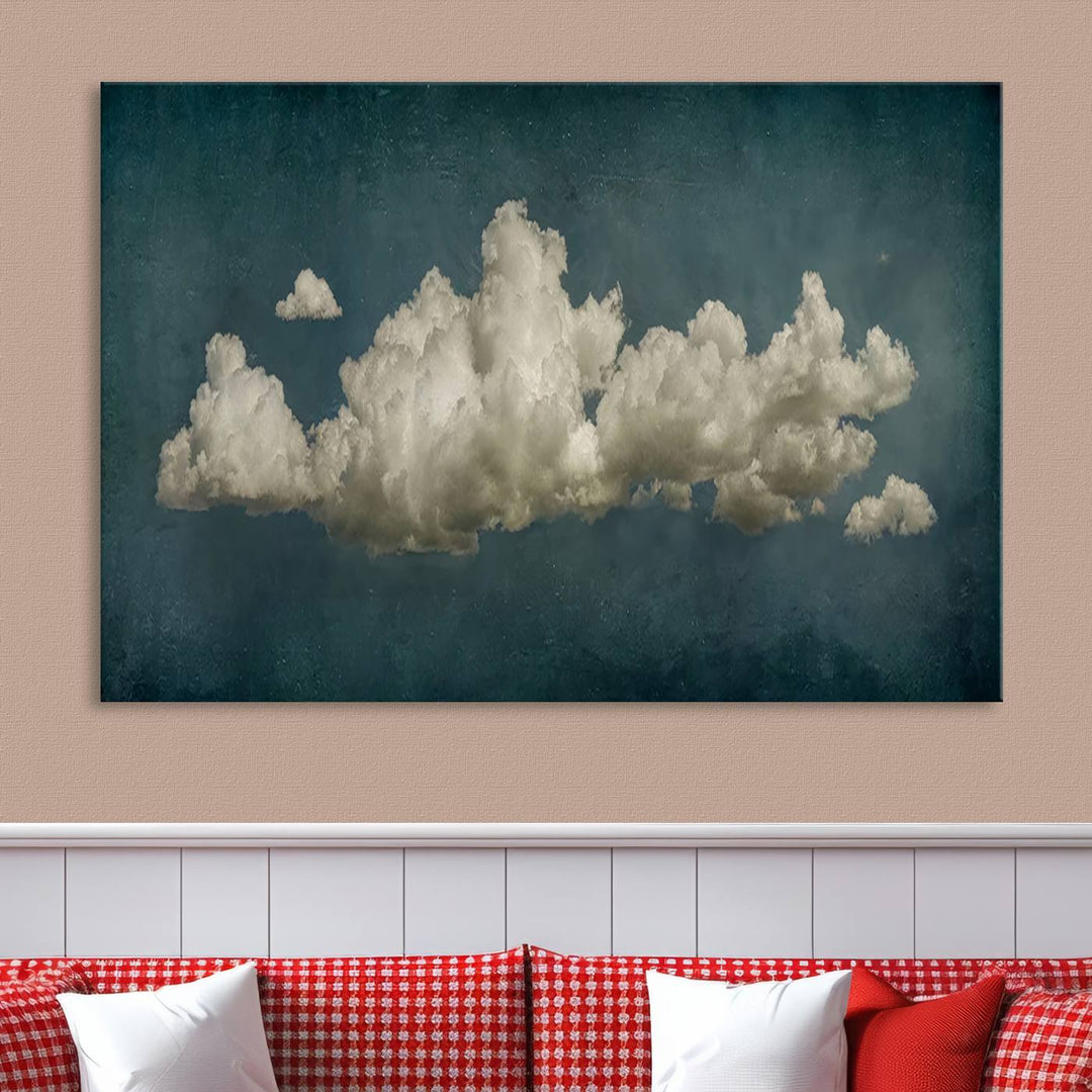 The Vintage Green Clouds Wall Art Canvas Print, set against a teal backdrop, showcases breathtaking canvas artwork with a gallery-quality finish.