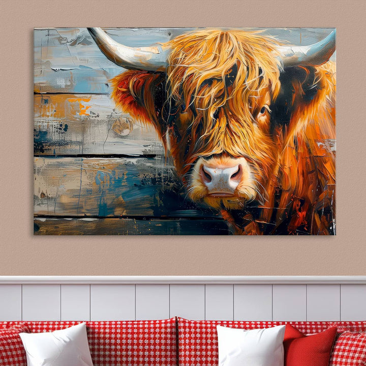 The Highland Cow Abstract Canvas Wall Art, a bold piece of farmhouse rustic decor, adds charm to the modern living room.