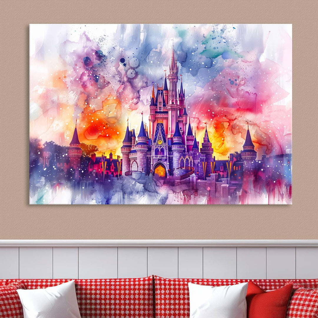 A vibrant piece of wall art depicting the Cinderella Castle from Disneyland, presented as a watercolor painting on premium canvas, is displayed.