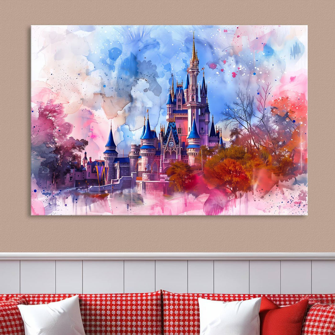 The Disney Wall Art: Dreamy Watercolor Cinderella Castle Canvas Print features a fairy-tale castle with vibrant pink, blue, and purple hues. Expertly handmade in the USA, this premium canvas wall art adds a touch of enchantment to any room.