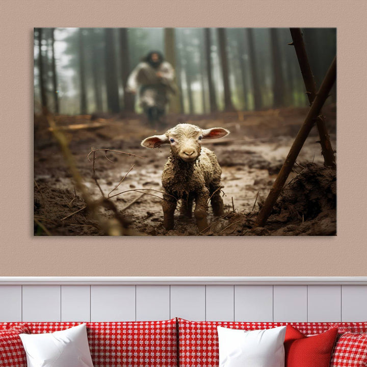 Jesus Running After a Lost Lamb Canvas Wall Art Print