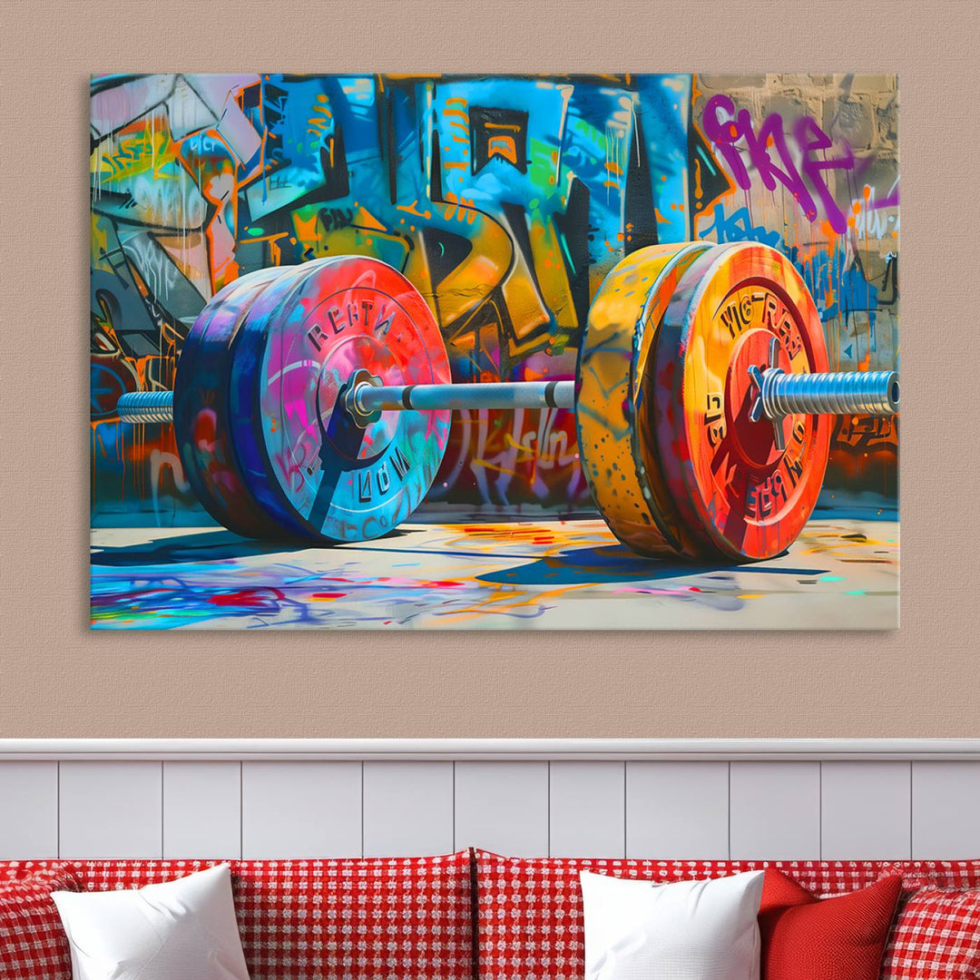 The Fitness Gym Barbell Graffiti Wall Art Canvas Print, a vibrant triptych featuring a barbell against a graffiti backdrop, elegantly hangs in the room. Crafted on premium canvas with a gallery-quality finish, this stunning piece of wall art effortlessly combines urban flair with sophisticated decor.