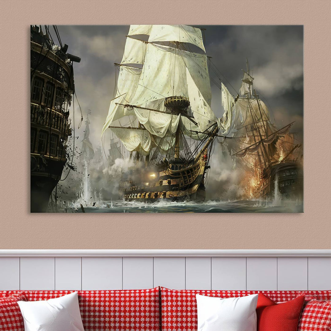 The Pirate Ship War Wall Art Canvas Print, featuring a stunning three-panel depiction of an intense sea battle with tall ships, boasts a gallery-quality finish that adds an elegant touch to its display.