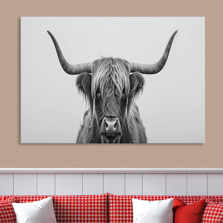 A triptych titled "Farmhouse Longhorn Wall Art Canvas Print, Longhorn Texas Wall Art Canvas Print," rendered in a gallery-quality finish, hangs prominently on the wall.