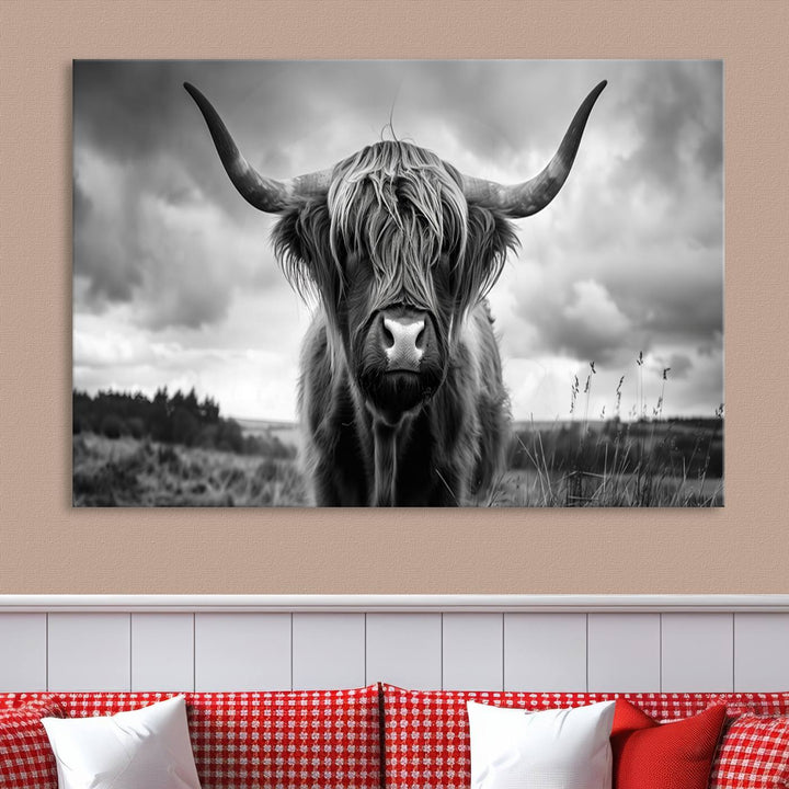 A stunning gallery-quality piece, the "Scottish Cow Wall Art Canvas Print | Longhorn Wall Art | Bighorn Animal Wall Art," depicts a Highland cow with long horns and shaggy fur. This captivating wall art elegantly enhances the space.