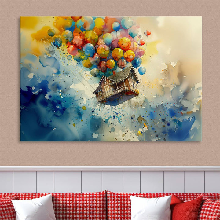 The Cartoon Movie Wall Art Canvas Print, featuring a vibrant house lifted by balloons and split across three panels, serves as captivating wall art. Handmade in the USA, it adds charm and whimsy to any space.