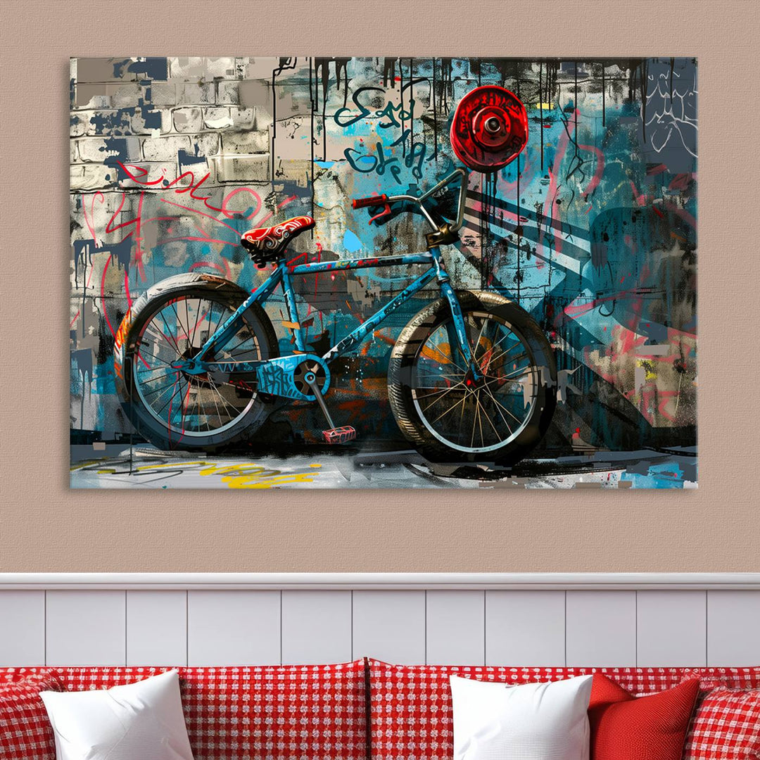 A modern living room features a triptych wall art of an abstract bicycle, designed in a graffiti style on a brick wall. This piece is expertly crafted on the Abstract Bicycle Wall Art Canvas Print, offering a premium canvas that ensures a gallery-quality finish.