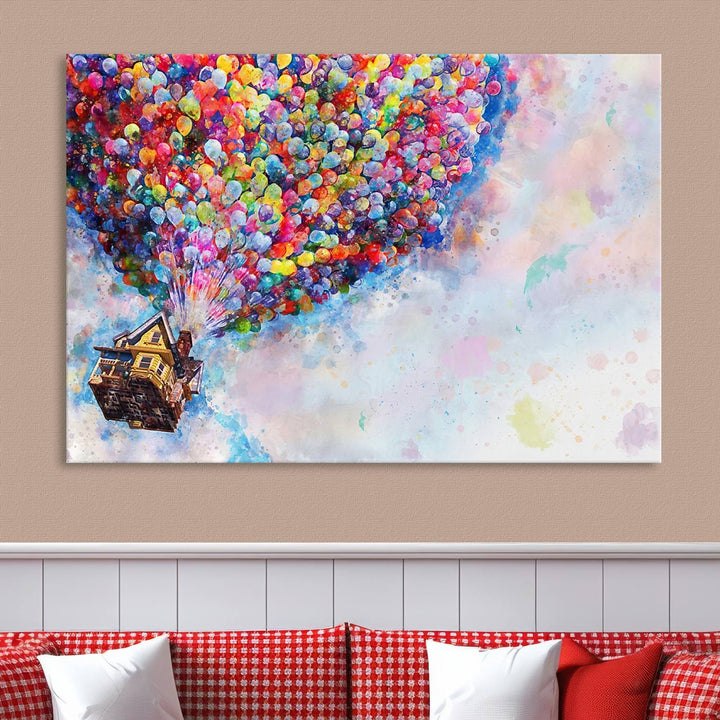 The "Watercolor Cartoon Movie Balloons Canvas Print" is showcased, depicting a whimsical house being lifted by colorful balloons. This triptych wall art is crafted on museum-quality canvases with a UV-protective coating to maintain its vibrant colors, making it ready to hang in any room.