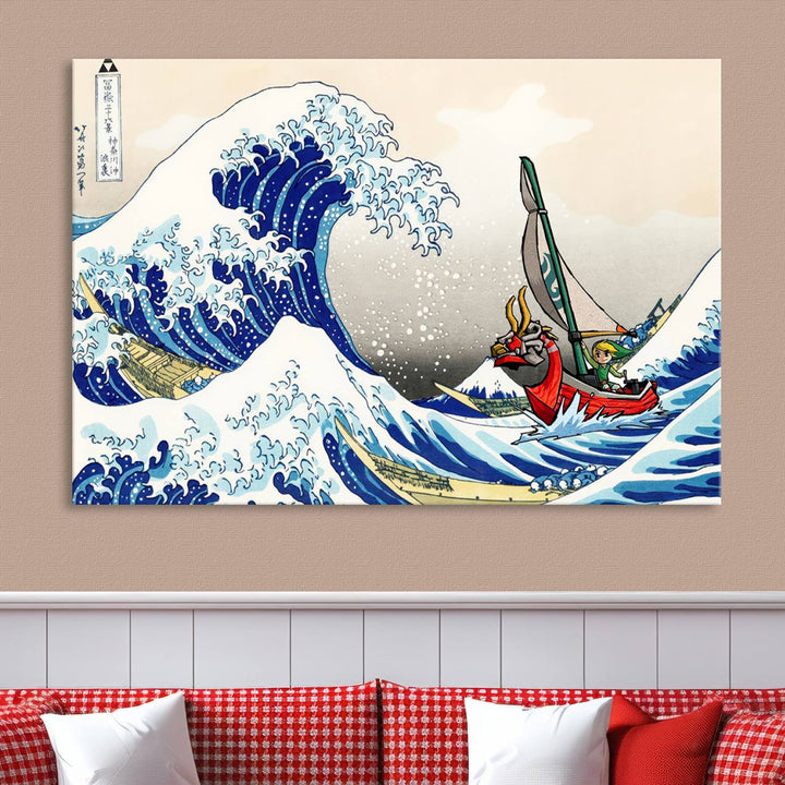 The Katsushika Hokusai Kanagawa Giant Wave Wall Art Canvas Print, featuring iconic Japanese art, brings a touch of modern artistry to the living room.