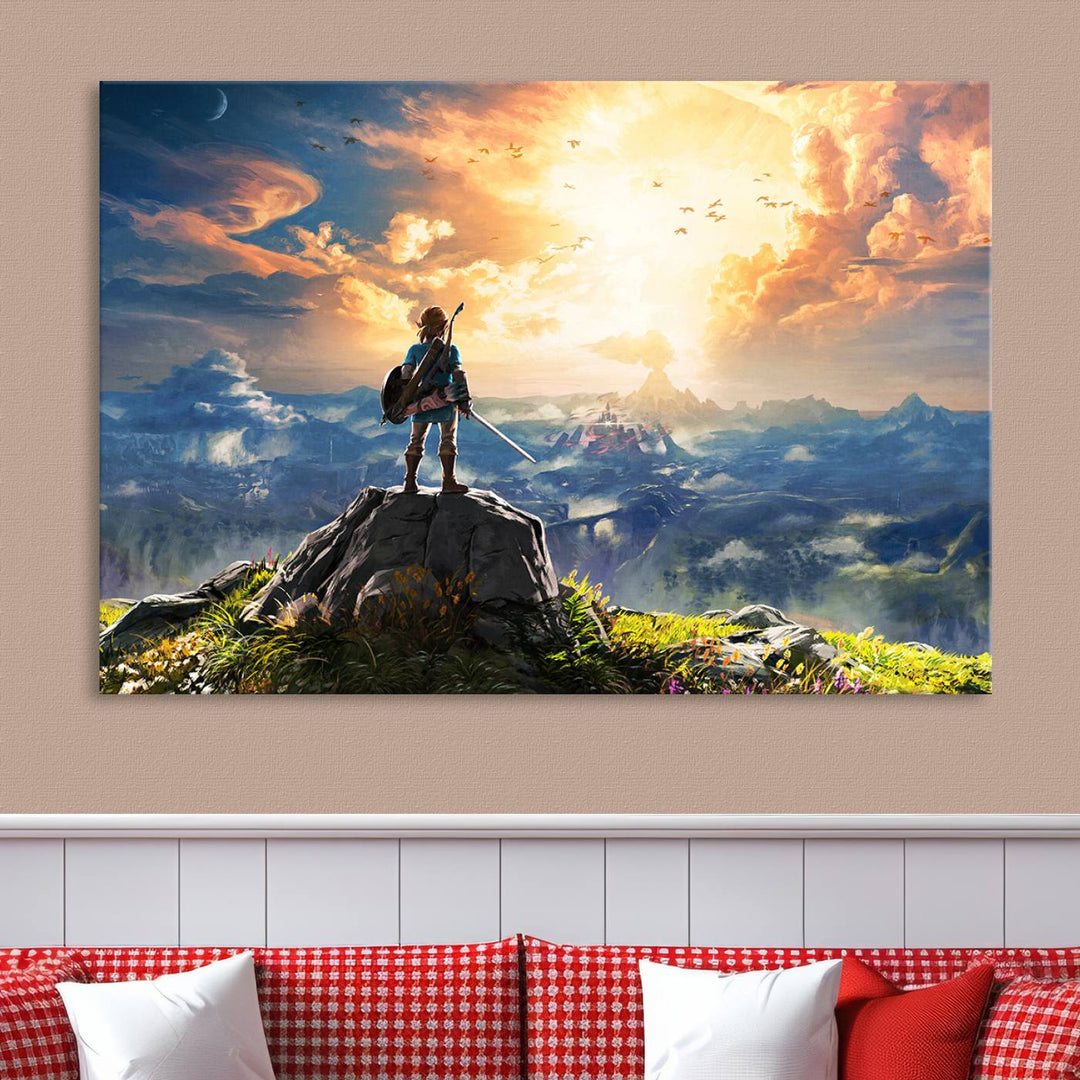 The Legend of Zelda Breath of the Wild Game Wall Art Canvas Print showcases a fantasy landscape with a character on a cliff, all rendered in gallery-quality finish on premium canvas.