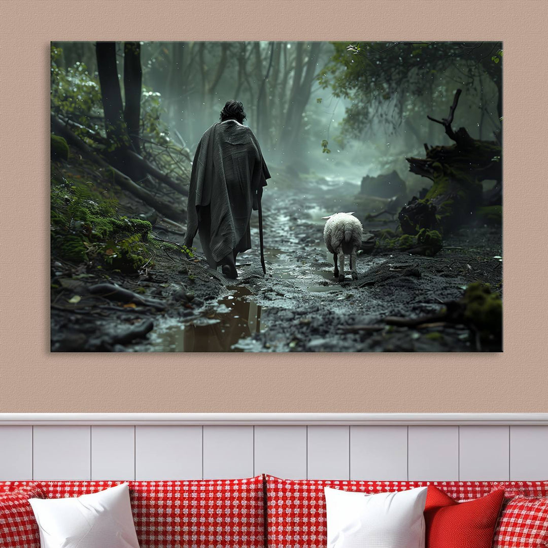 The "Forest Jesus Shepherd Canvas Wall Art" features a person with a cane, clothed in a cloak, walking beside a sheep through a misty forest. This piece captures tranquility and is ideal for adding serenity to your living room, office, or bedroom decor.