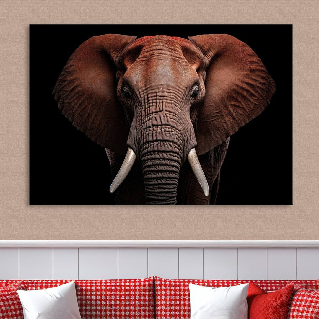 A stunning triptych titled "Wild Elephant Wall Art Canvas Print" beautifully enhances the wall above a contemporary living room. This Africa Savannah Wild Animal Wall Decor Print is of museum-quality, complete with a UV-protective coating to ensure its vibrancy and beauty are preserved for years.