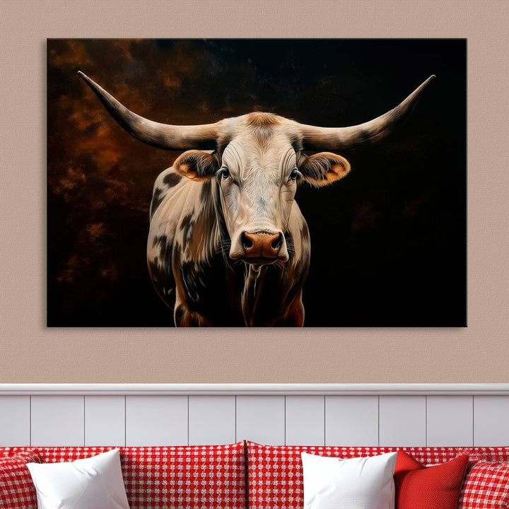 The Texas Longhorn Wall Art, a 3-panel large canvas print, infuses the room with a dash of cowboy charm.