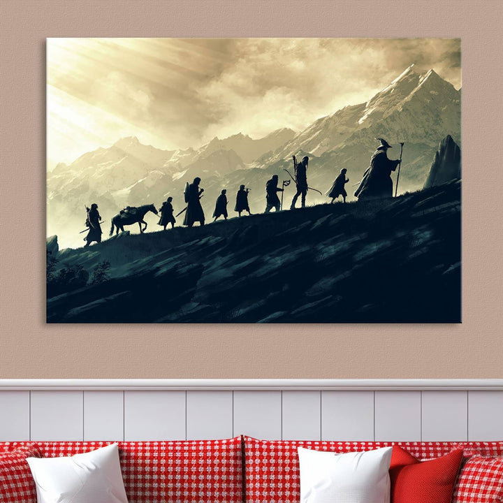 A canvas print titled "Lord of the Rings Silhouette Wall Art Capturing the Epic Quest Through Middle-Earth - The Fellowship's Journey" is displayed.