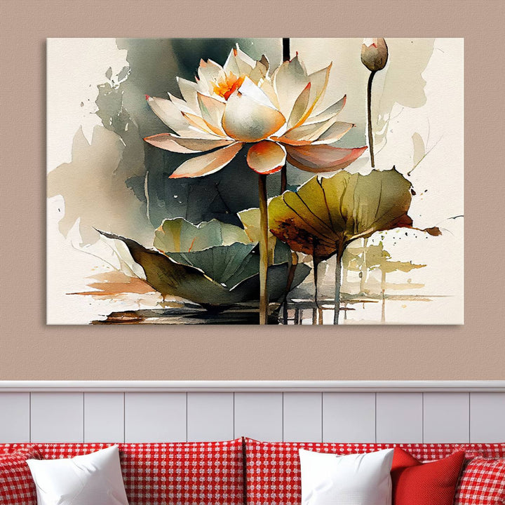 The Lotus Flower Watercolor Canvas Print, a contemporary wall art piece symbolizing serenity and growth with its soft watercolors, adorns the wall.