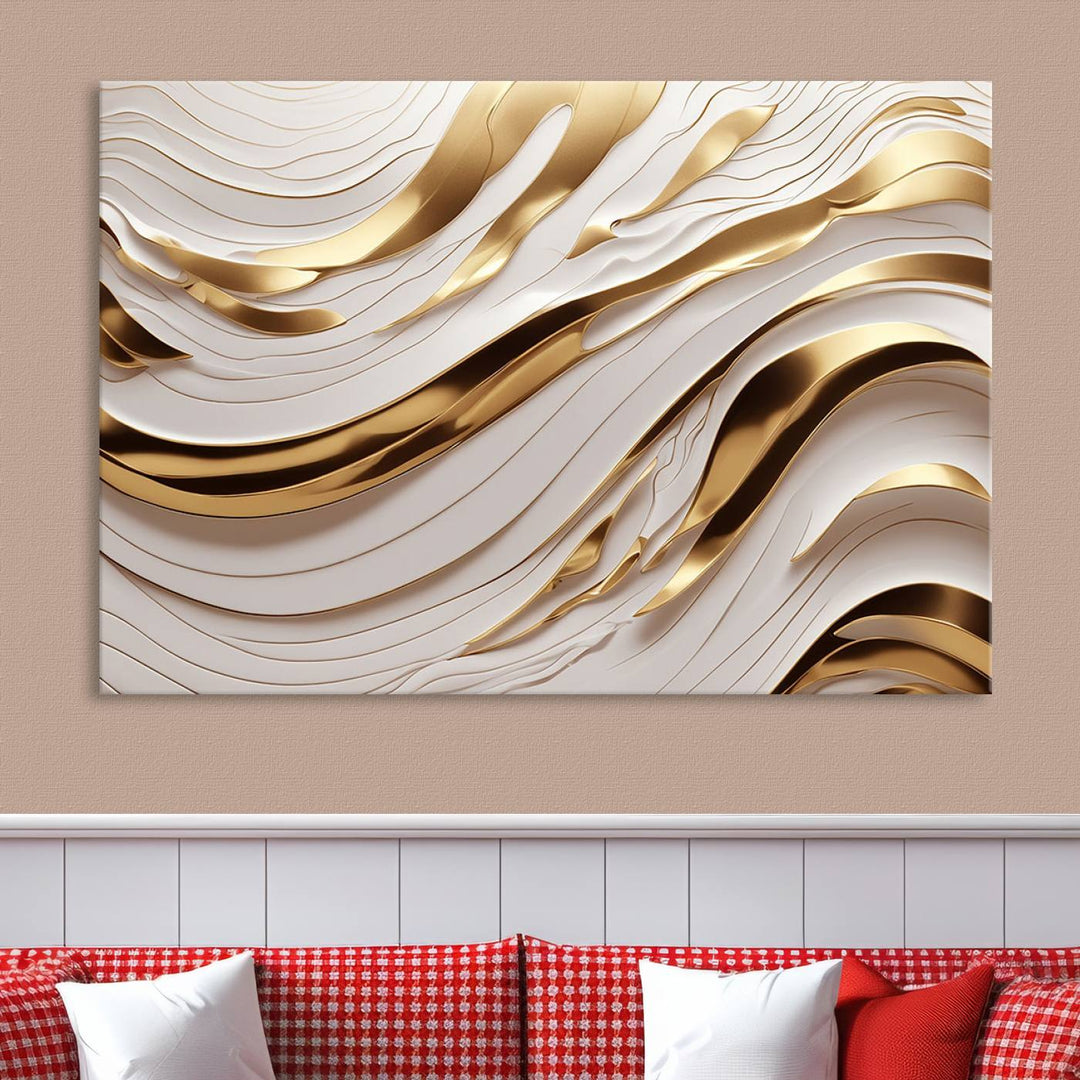 The "Gold and White Abstract Wave Canvas – Elegant Flowing Design with Luxurious Golden Accents" beautifully enhances the area and creates a stunning focal point in the room.