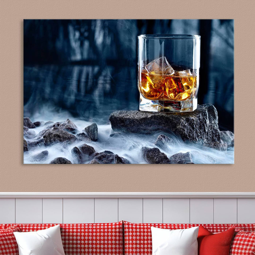 The Whiskey Ice Wall Art Canvas Print, a triptych featuring a glass of whiskey on the rocks, is crafted with a gallery-quality finish on premium canvas.