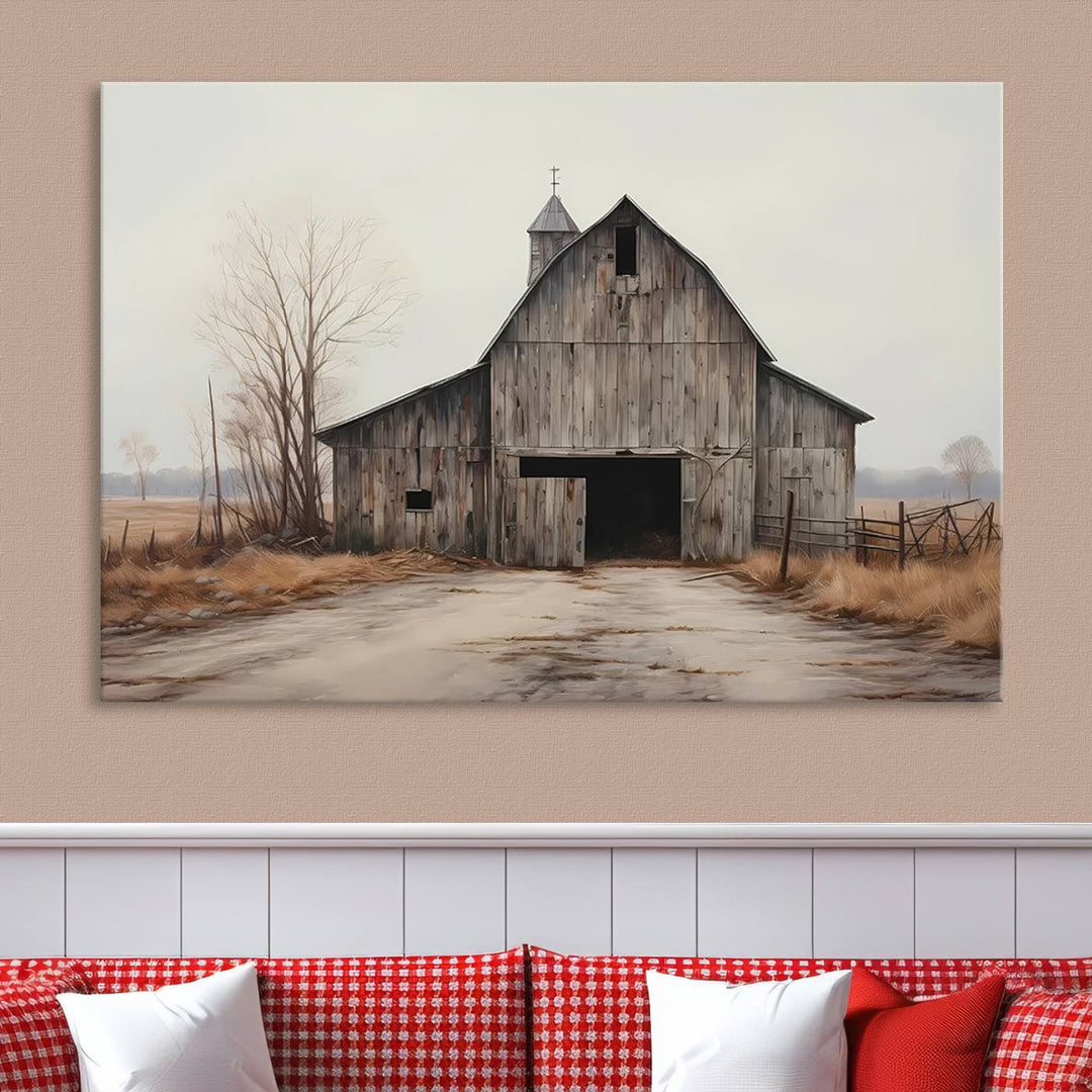 A framed and ready-to-hang Farmhouse Rustic Barn Wall Art Canvas Print is displayed against a gray wall. This stylish modern living room seamlessly combines rural life wall décor with contemporary comfort.