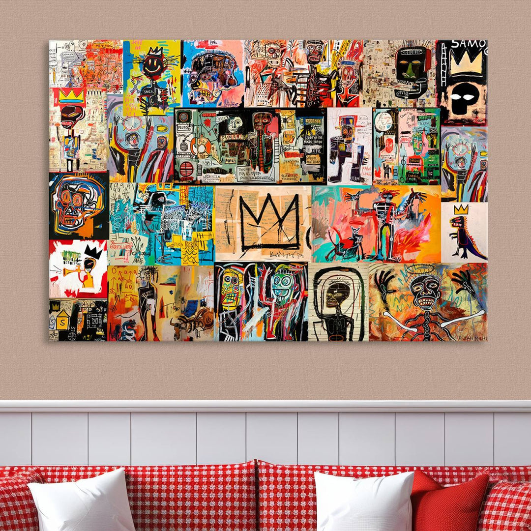 A vibrant Basquiat Art Collage Wall Art Canvas Print in an urban graffiti style adds a modern artistic flair.