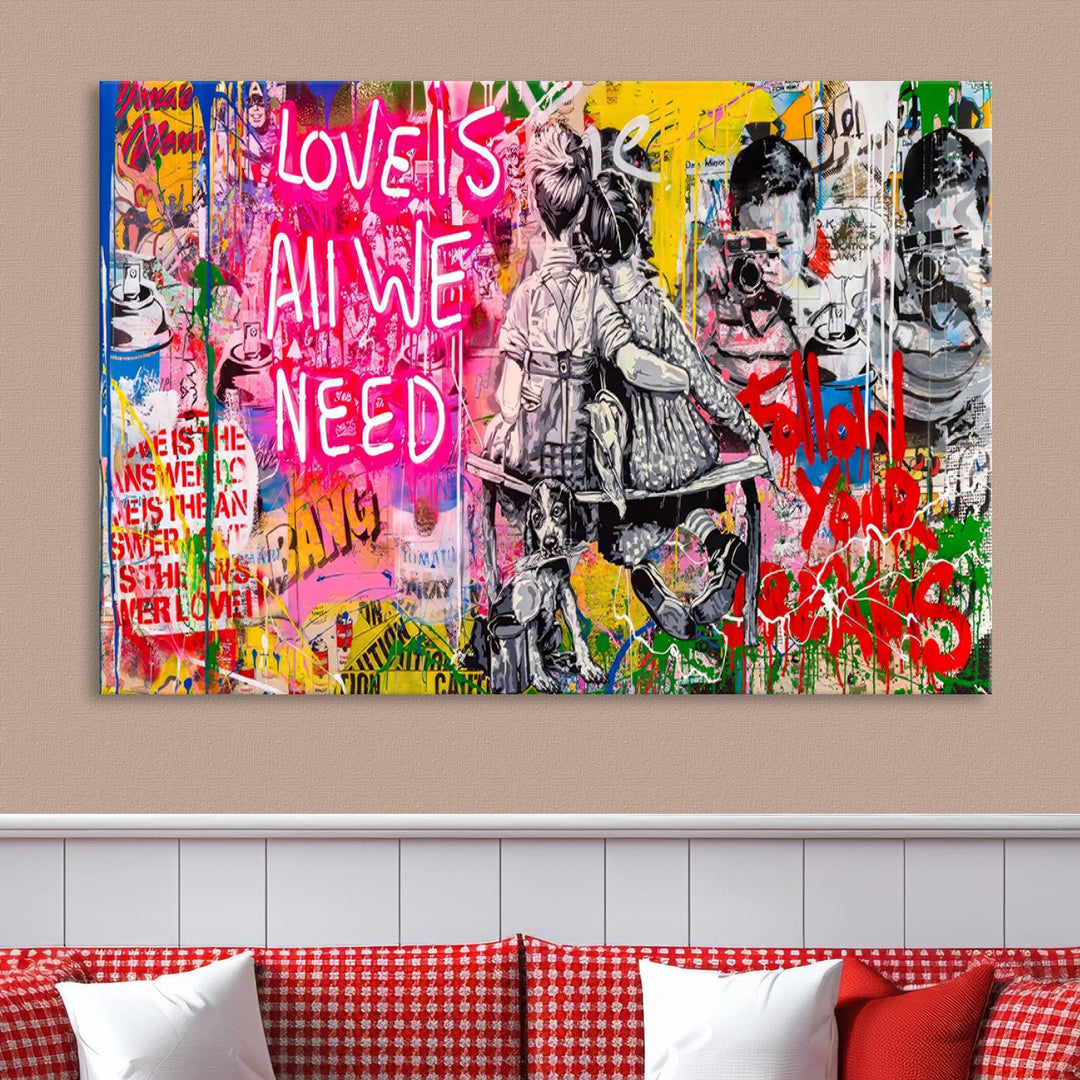 A vivid display of the "Follow Your Dreams & Love is All We Need" graffiti street art energizes a modern room with its three-panel arrangement. This bold giclee canvas print infuses any contemporary space with dynamic flair.