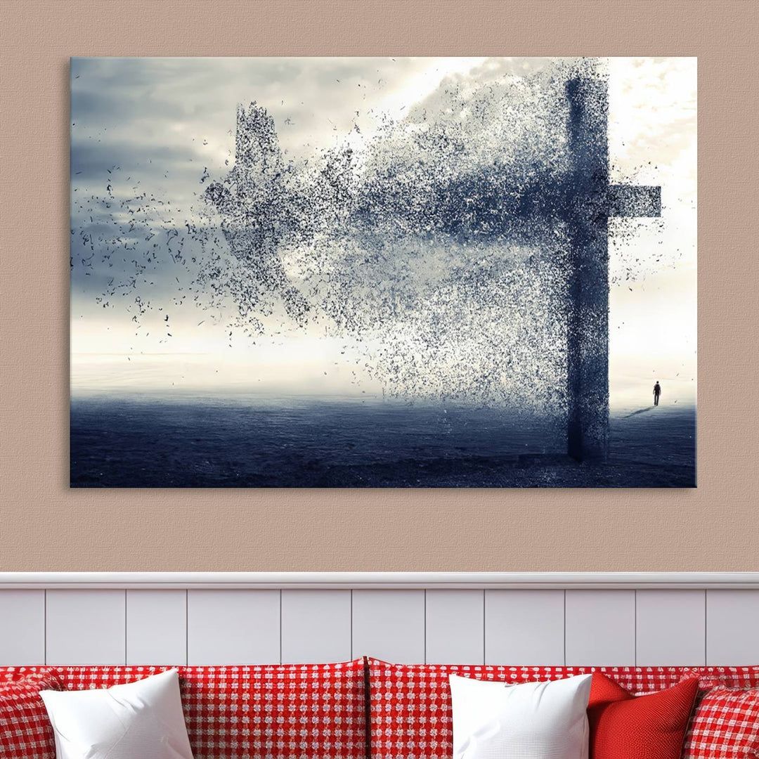 The "Jesus and the Fading Cross – Symbol of Faith" framed canvas print beautifully depicts a cross formed by birds against a moody sky above an ocean. This piece of Christian wall art infuses spirituality into the minimalist space.