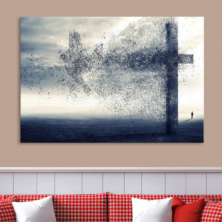 The "Jesus and the Fading Cross – Symbol of Faith" framed canvas print beautifully depicts a cross formed by birds against a moody sky above an ocean. This piece of Christian wall art infuses spirituality into the minimalist space.